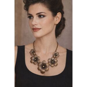 Floral Bib Necklace Metal Flower Statement Choker 12” + 3” Extender Chain